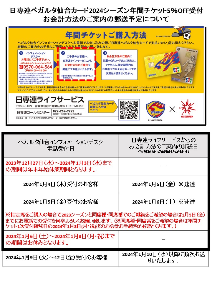 日専連ベガルタ仙台カード2024年間チケット5％OFFお会計方法のご案内の