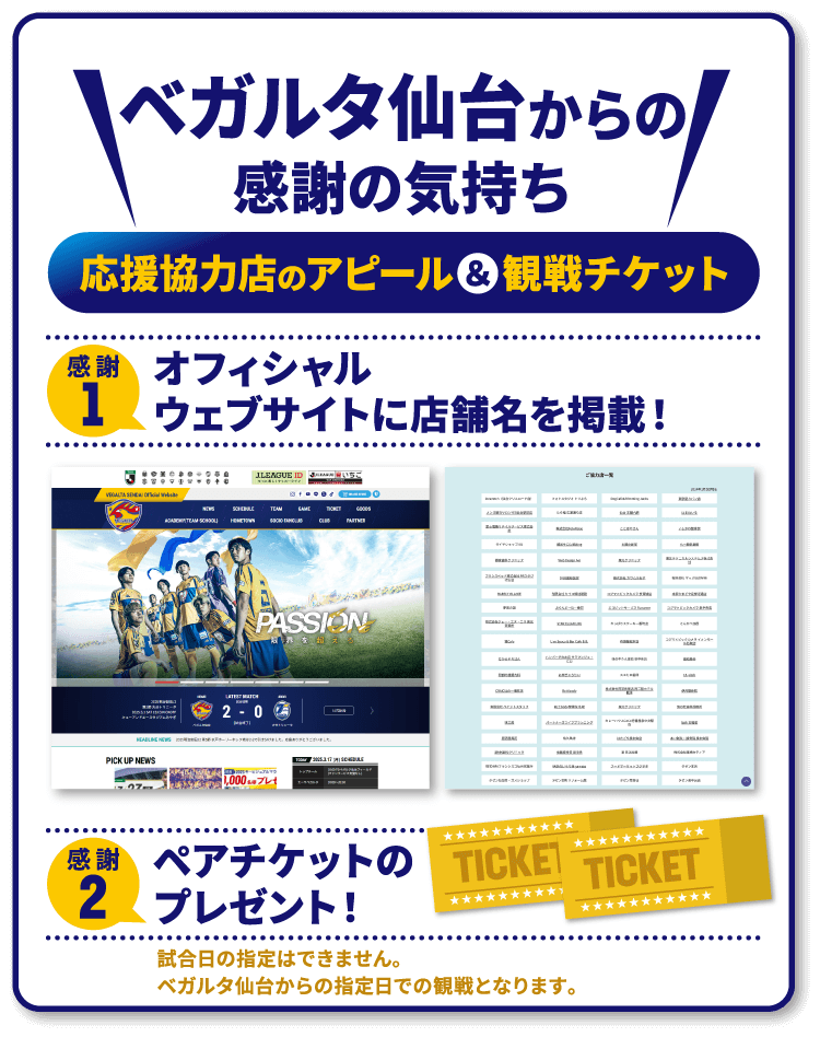 ベガルタ仙台からの感謝の気持ち 1.オフィシャルウェブサイトに店舗名を掲載！ 2.ペアチケットのプレゼント！